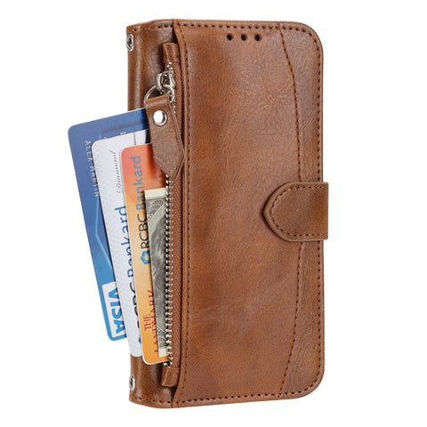 For iPhone 17e / 16e Case Zipper Pocket Leather Phone Cover with Crossbody Shoulder Strap