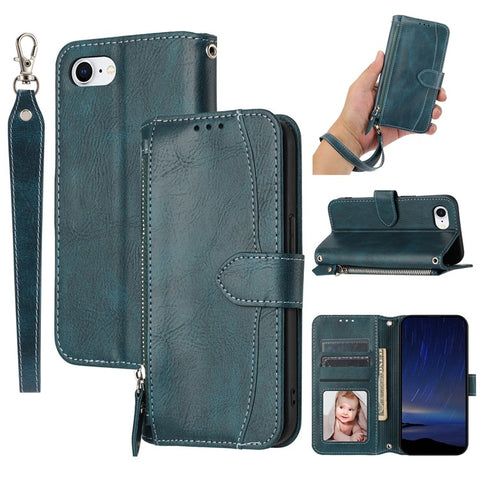 For iPhone 17e / 16e Case Zipper Pocket Leather Phone Cover with Crossbody Shoulder Strap