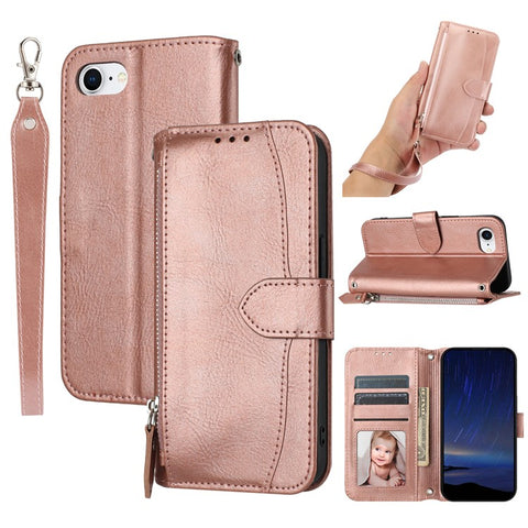 For iPhone 17e / 16e Case Zipper Pocket Leather Phone Cover with Crossbody Shoulder Strap