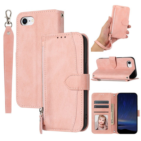 For iPhone 17e / 16e Case Zipper Pocket Leather Phone Cover with Crossbody Shoulder Strap