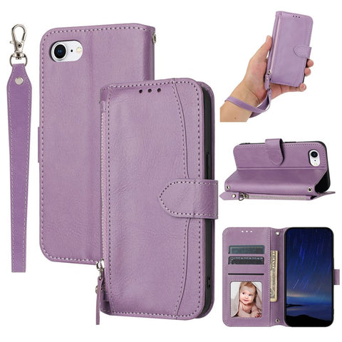 For iPhone 17e / 16e Case Zipper Pocket Leather Phone Cover with Crossbody Shoulder Strap