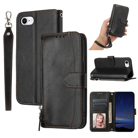 For iPhone 17e / 16e Case Zipper Pocket Leather Phone Cover with Crossbody Shoulder Strap
