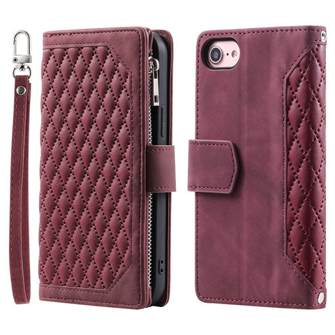 For iPhone 17e / 16e Case Rhombus Imprinted Zipper Wallet Leather Cover with Strap