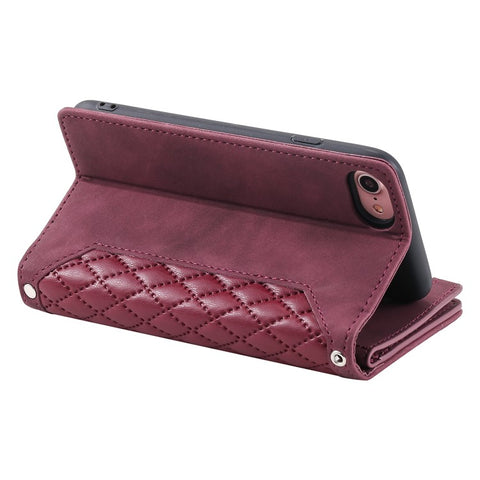 For iPhone 17e / 16e Case Rhombus Imprinted Zipper Wallet Leather Cover with Strap