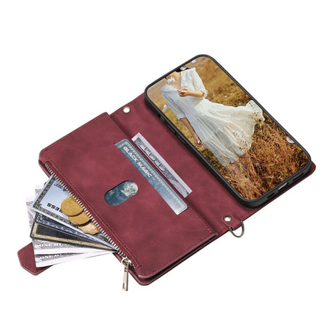 For iPhone 17e / 16e Case Rhombus Imprinted Zipper Wallet Leather Cover with Strap
