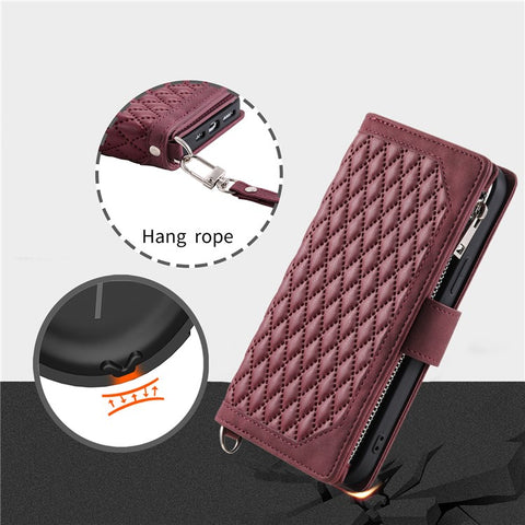 For iPhone 17e / 16e Case Rhombus Imprinted Zipper Wallet Leather Cover with Strap