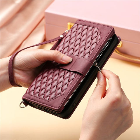 For iPhone 17e / 16e Case Rhombus Imprinted Zipper Wallet Leather Cover with Strap