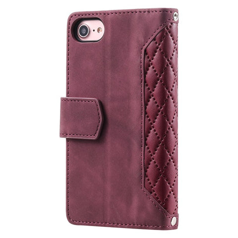 For iPhone 17e / 16e Case Rhombus Imprinted Zipper Wallet Leather Cover with Strap