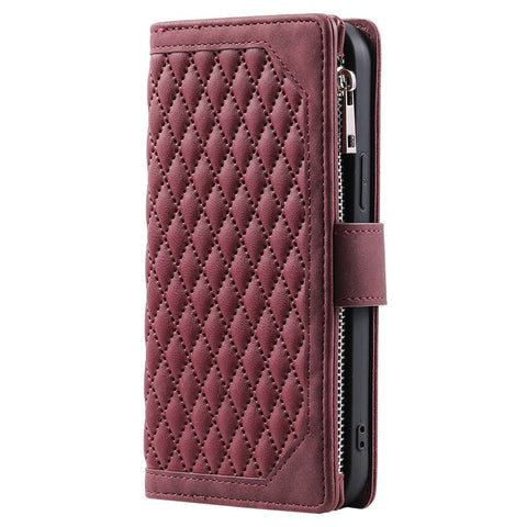 For iPhone 17e / 16e Case Rhombus Imprinted Zipper Wallet Leather Cover with Strap
