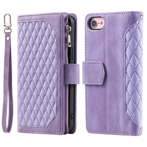 For iPhone 17e / 16e Case Rhombus Imprinted Zipper Wallet Leather Cover with Strap
