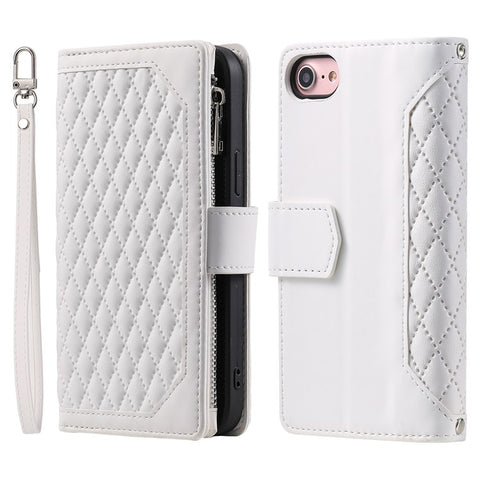For iPhone 17e / 16e Case Rhombus Imprinted Zipper Wallet Leather Cover with Strap