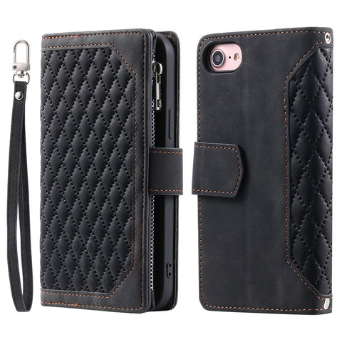 For iPhone 17e / 16e Case Rhombus Imprinted Zipper Wallet Leather Cover with Strap