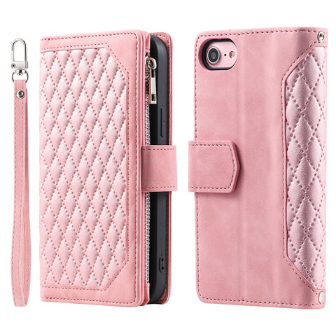 For iPhone 17e / 16e Case Rhombus Imprinted Zipper Wallet Leather Cover with Strap
