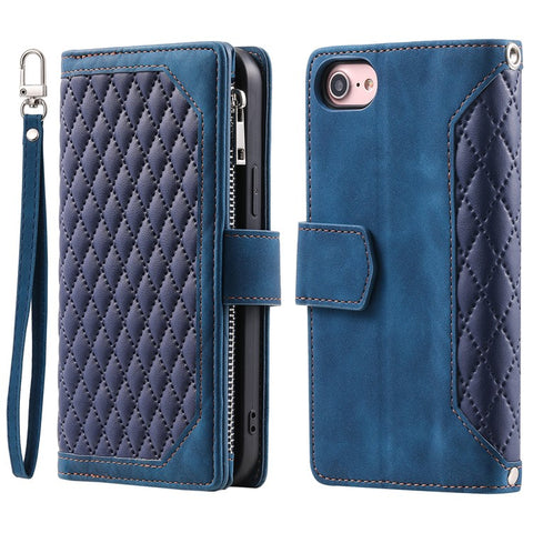 For iPhone 17e / 16e Case Rhombus Imprinted Zipper Wallet Leather Cover with Strap
