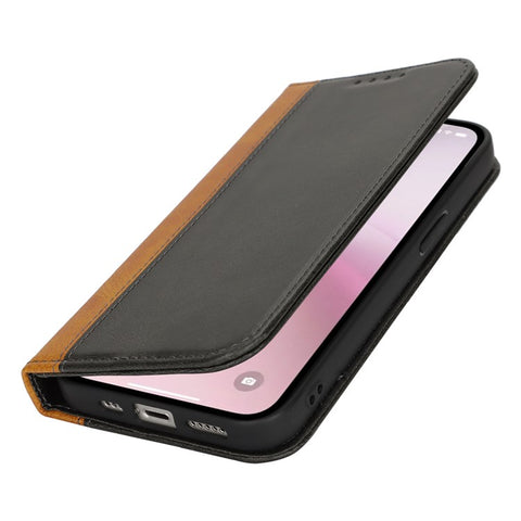 For iPhone 17e / 16e Case Calf Texture 3 Card Slots Color Splicing Leather Phone Cover