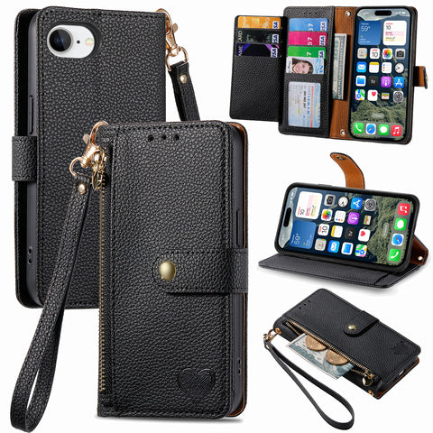 For iPhone 17e / 16e Case RFID Blocking Zipper Pocket Leather Wallet Phone Cover with Strap