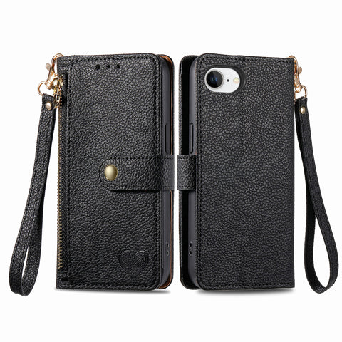 For iPhone 17e / 16e Case RFID Blocking Zipper Pocket Leather Wallet Phone Cover with Strap