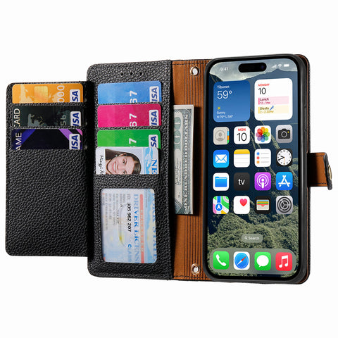 For iPhone 17e / 16e Case RFID Blocking Zipper Pocket Leather Wallet Phone Cover with Strap