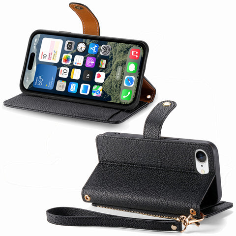 For iPhone 17e / 16e Case RFID Blocking Zipper Pocket Leather Wallet Phone Cover with Strap