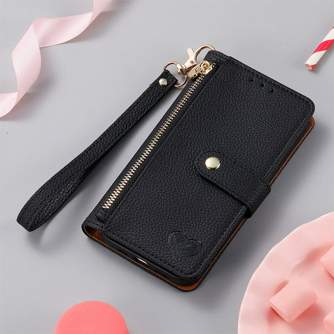 For iPhone 17e / 16e Case RFID Blocking Zipper Pocket Leather Wallet Phone Cover with Strap