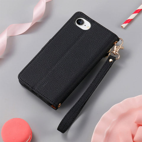 For iPhone 17e / 16e Case RFID Blocking Zipper Pocket Leather Wallet Phone Cover with Strap