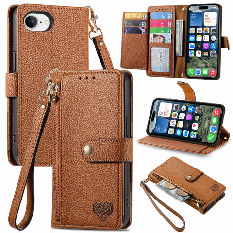 For iPhone 17e / 16e Case RFID Blocking Zipper Pocket Leather Wallet Phone Cover with Strap