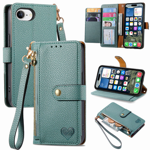 For iPhone 17e / 16e Case RFID Blocking Zipper Pocket Leather Wallet Phone Cover with Strap