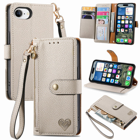 For iPhone 17e / 16e Case RFID Blocking Zipper Pocket Leather Wallet Phone Cover with Strap