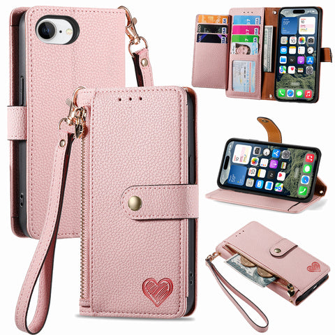 For iPhone 17e / 16e Case RFID Blocking Zipper Pocket Leather Wallet Phone Cover with Strap
