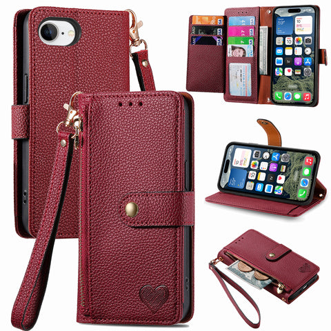 For iPhone 17e / 16e Case RFID Blocking Zipper Pocket Leather Wallet Phone Cover with Strap