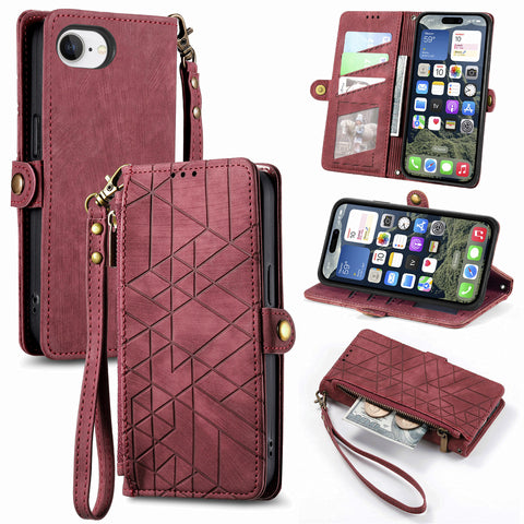 For iPhone 17e / 16e Zipper Wallet Case Geometry Lines Leather Phone Cover with Strap