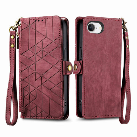 For iPhone 17e / 16e Zipper Wallet Case Geometry Lines Leather Phone Cover with Strap