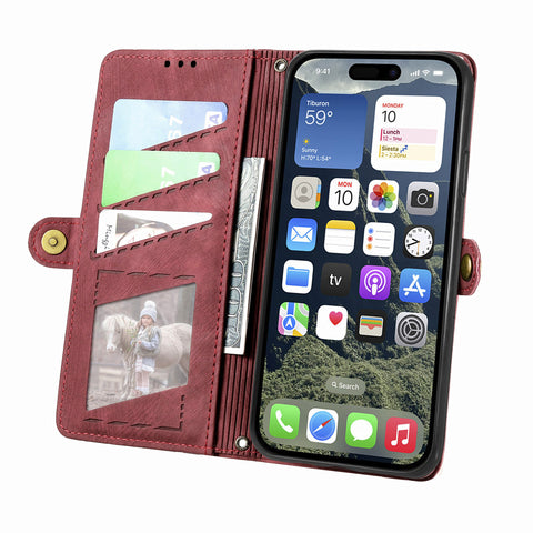 For iPhone 17e / 16e Zipper Wallet Case Geometry Lines Leather Phone Cover with Strap