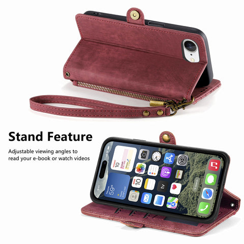 For iPhone 17e / 16e Zipper Wallet Case Geometry Lines Leather Phone Cover with Strap