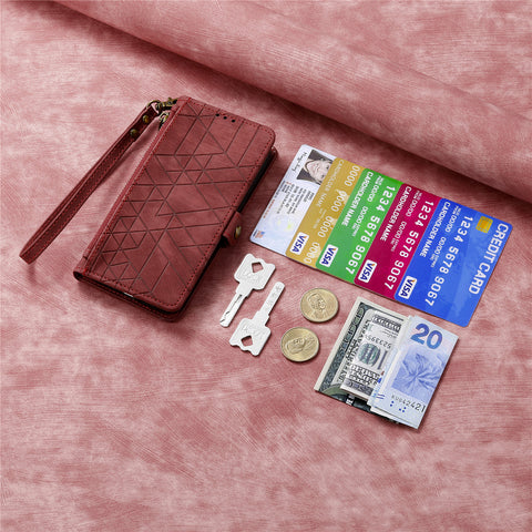 For iPhone 17e / 16e Zipper Wallet Case Geometry Lines Leather Phone Cover with Strap