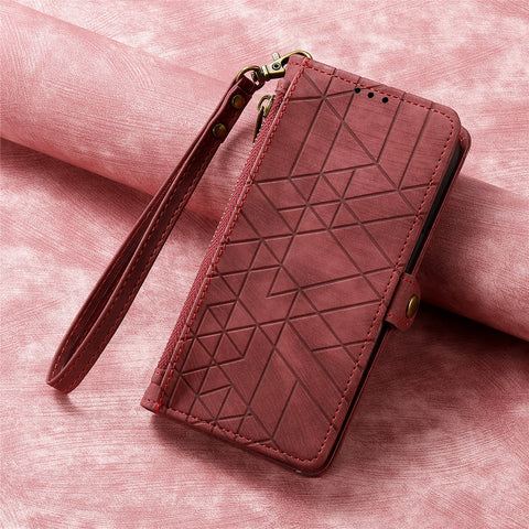 For iPhone 17e / 16e Zipper Wallet Case Geometry Lines Leather Phone Cover with Strap