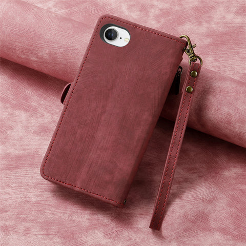 For iPhone 17e / 16e Zipper Wallet Case Geometry Lines Leather Phone Cover with Strap