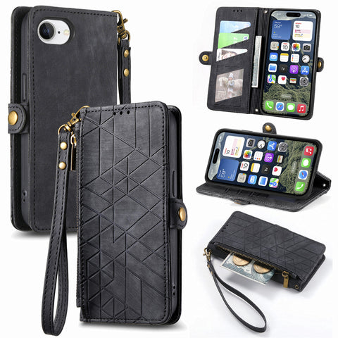 For iPhone 17e / 16e Zipper Wallet Case Geometry Lines Leather Phone Cover with Strap