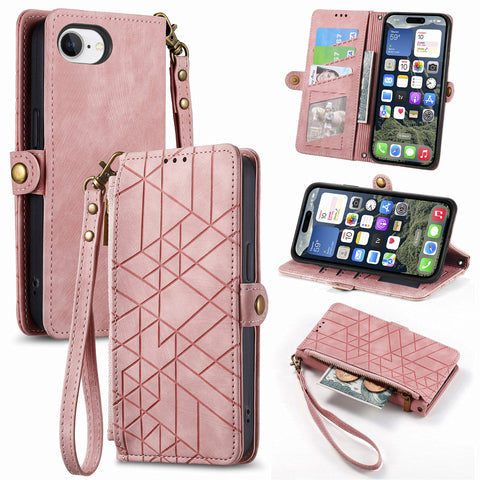 For iPhone 17e / 16e Zipper Wallet Case Geometry Lines Leather Phone Cover with Strap