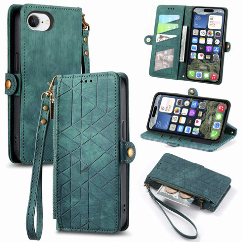 For iPhone 17e / 16e Zipper Wallet Case Geometry Lines Leather Phone Cover with Strap