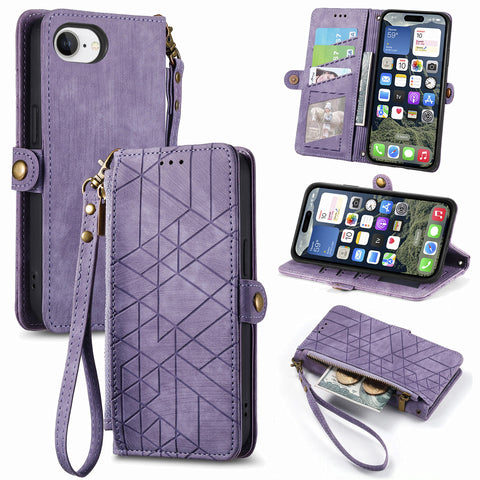 For iPhone 17e / 16e Zipper Wallet Case Geometry Lines Leather Phone Cover with Strap