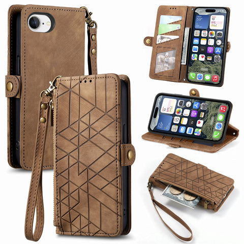For iPhone 17e / 16e Zipper Wallet Case Geometry Lines Leather Phone Cover with Strap