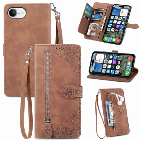 For iPhone 17e / 16e Zipper Wallet Case with Strap Flower Imprint PU Leather Phone Cover