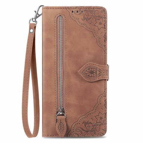 For iPhone 17e / 16e Zipper Wallet Case with Strap Flower Imprint PU Leather Phone Cover