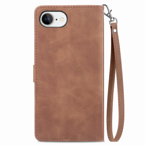 For iPhone 17e / 16e Zipper Wallet Case with Strap Flower Imprint PU Leather Phone Cover