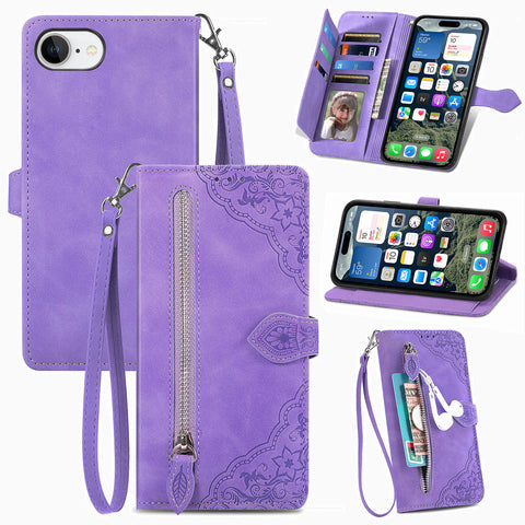 For iPhone 17e / 16e Zipper Wallet Case with Strap Flower Imprint PU Leather Phone Cover