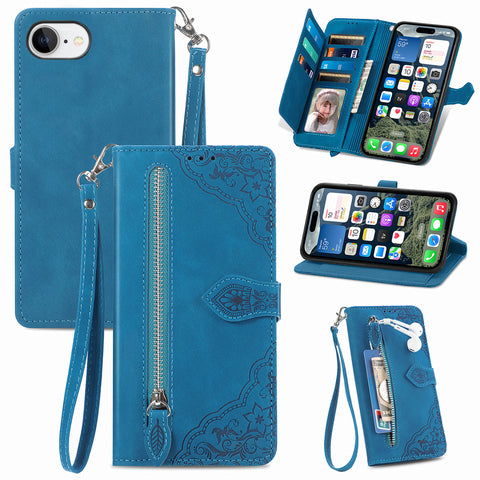 For iPhone 17e / 16e Zipper Wallet Case with Strap Flower Imprint PU Leather Phone Cover