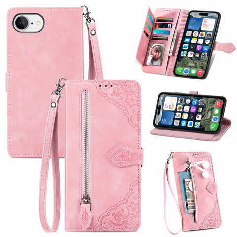 For iPhone 17e / 16e Zipper Wallet Case with Strap Flower Imprint PU Leather Phone Cover