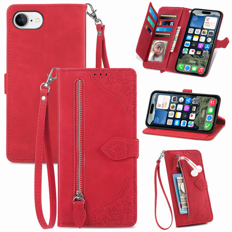 For iPhone 17e / 16e Zipper Wallet Case with Strap Flower Imprint PU Leather Phone Cover