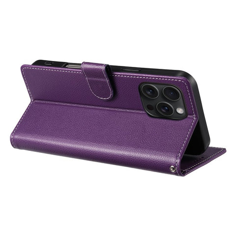 For iPhone 15 Pro Max Stand Case Litchi Texture Leather Wallet Phone Cover Magnetic Snap